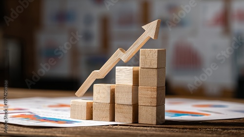 Business growth concept with upward arrow made of wooden blocks on desk, financial charts background, corporate strategy and success theme