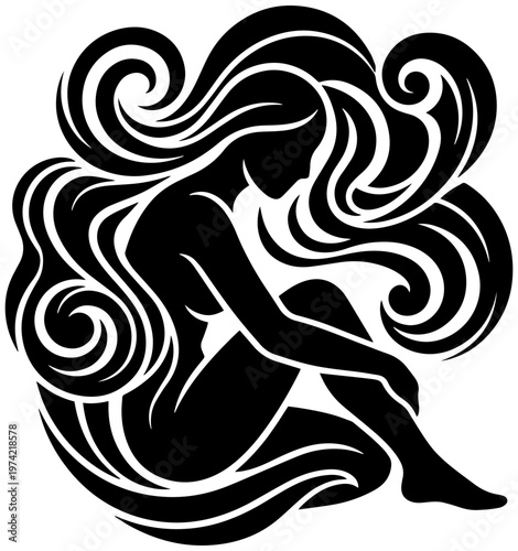 Elegant woman with flowing hair sitting in dynamic pose