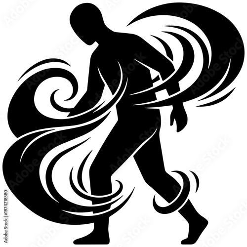 Dynamic figure in motion with swirling fluid lines