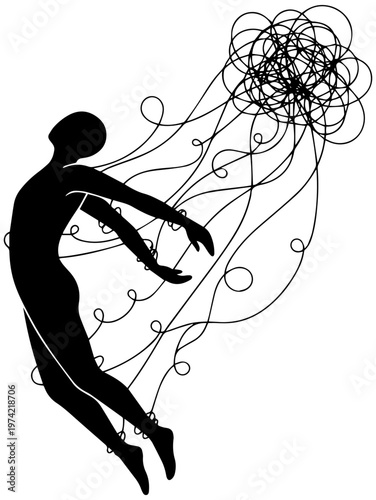 Silhouette of person floating amidst dynamic swirling lines and shapes