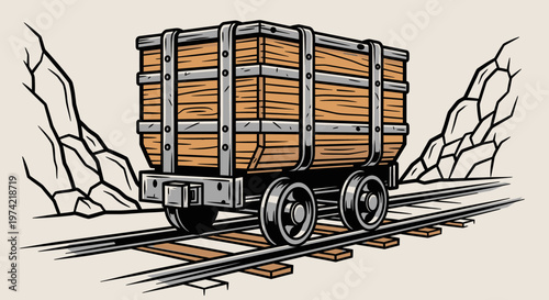 Vintage mine cart on railroad tracks.