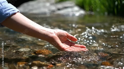 person touching clear river water.
