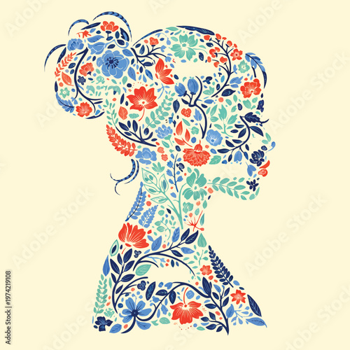 Floral silhouette portrait of woman with hair bun in profile view