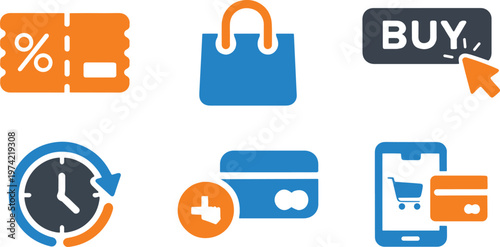 Shopping icons set discounts purchases time offers and mobile payments illustrated