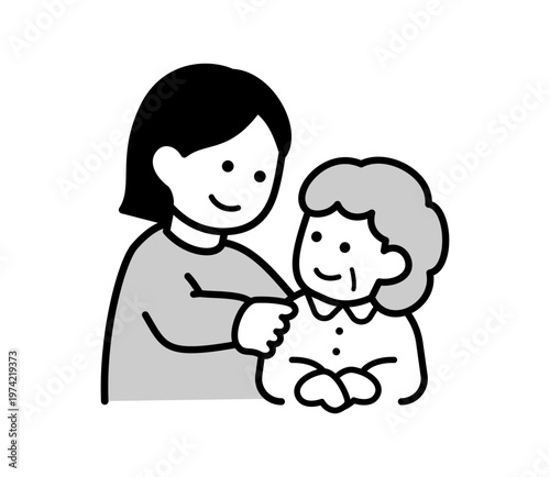 女性介護士が高齢女性を介護するイラスト
