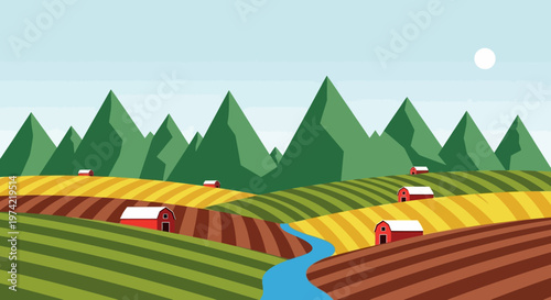 Vibrant Farm Landscape with Rolling Hills, Red Barns, and Blue River