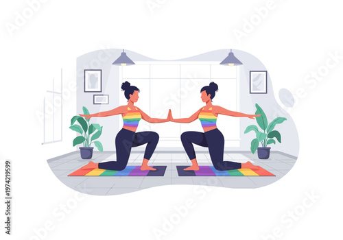 Two women in yoga poses with rainbow colors, symbolizing lgbt pride and wellness
