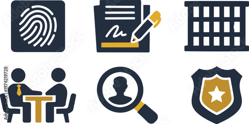 Crime investigation icons fingerprint document jail interrogation and surveillance imagery