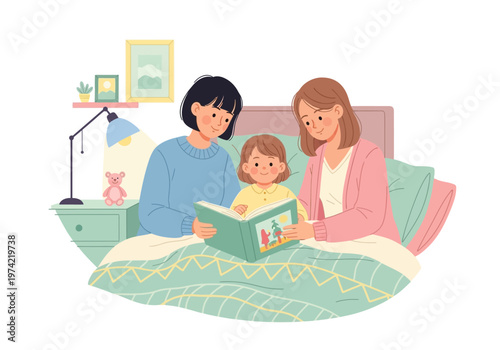 A heartwarming bedtime story unfolds as two mothers read to their child, creating a loving LGBT family moment
