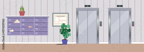 Elevator Hallway. Apartment Elevator Lobby interior with closed lifts. Office or apartment building hallway. vector illustration
