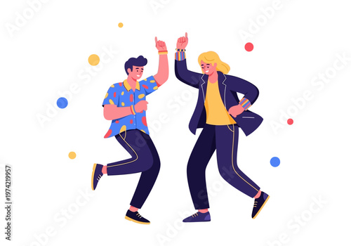 Two friends, celebrating together, embracing diversity and LGBTQ+ pride, are depicted in a vibrant, dynamic illustration