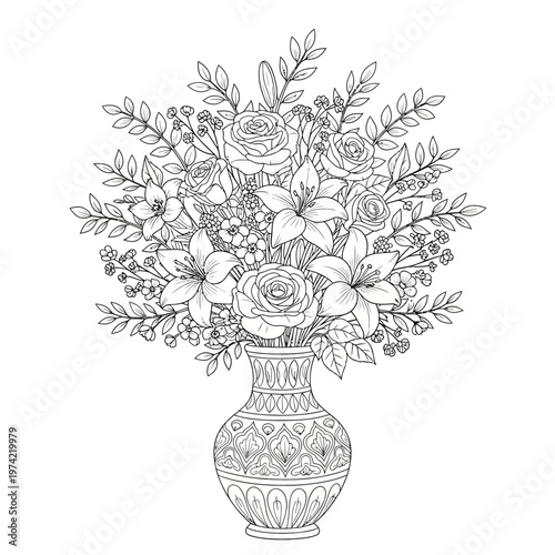 Elegant Black and White Line Art Floral Arrangement in Decorative Vase