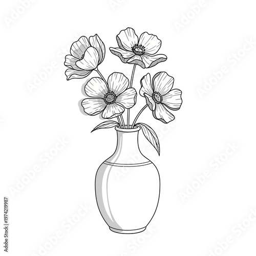 Elegant Black and White Sketch of Poppies in a Vase