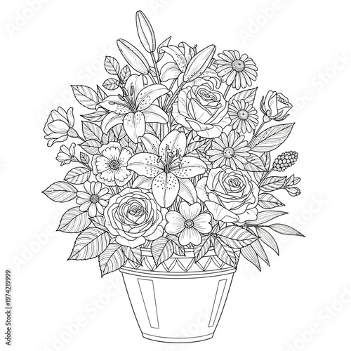 Elegant floral arrangement in a decorative pot, line art, coloring page, black and white