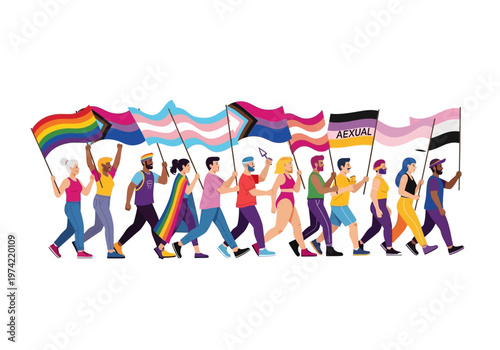 Diverse group of people marching proudly with LGBT flags, celebrating equality and pride