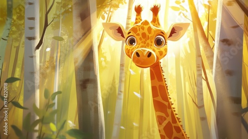 Cute Cartoon Giraffe in Sun-Drenched Forest