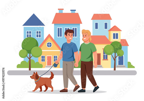 LGBT couple walking dog in a colorful neighborhood, celebrating love and lifestyle