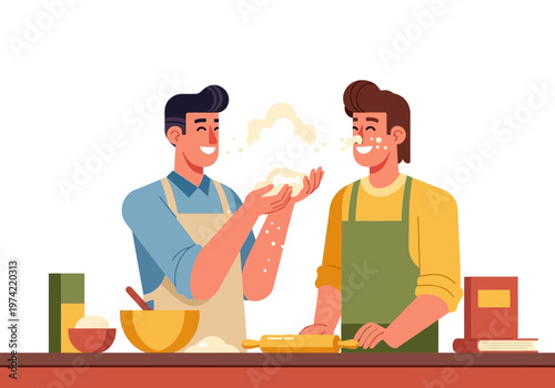 Two men enjoying a fun cooking session together, celebrating lgbt pride and domestic bliss