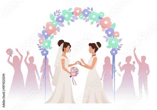 Two brides exchanging rings under a floral arch during a wedding ceremony with guests celebrating in the background