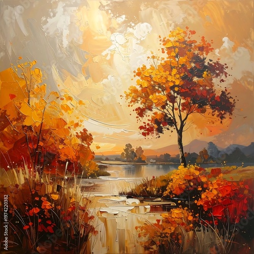 Vibrant autumn landscape with tree by serene water