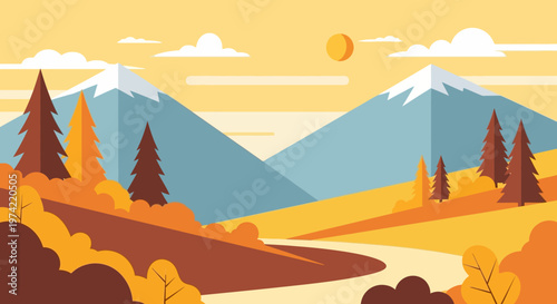 Autumn Landscape with Mountains, River, and Trees