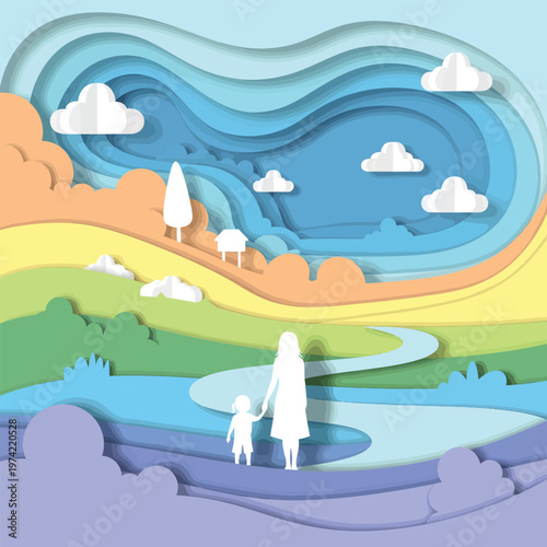 Colorful paper cut landscape with mother and child walking together