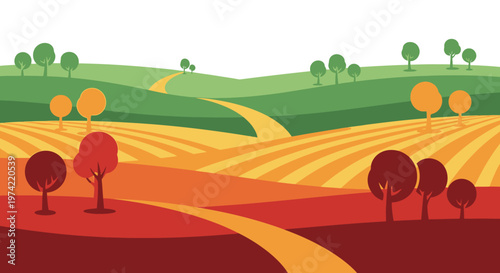 Autumn landscape with rolling hills, fields, and trees, warm colors, rural road, countryside scene
