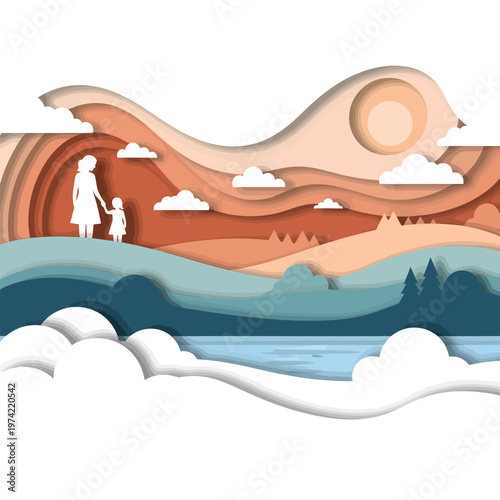 Earth tone paper cut landscape with mother and child silhouette