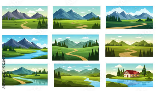 Vector Nature Landscapes Collection – Mountains, Valley, Forest and Countryside Backgrounds