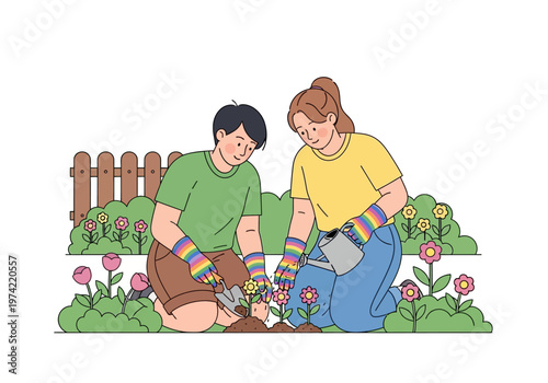 Couple tending to a vibrant garden, fostering growth and nurturing nature together, promoting a sense of community and inclusivity