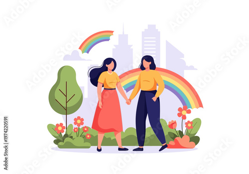 LGBTQ+ couple holding hands in front of a cityscape with rainbows overhead, celebrating love and equality