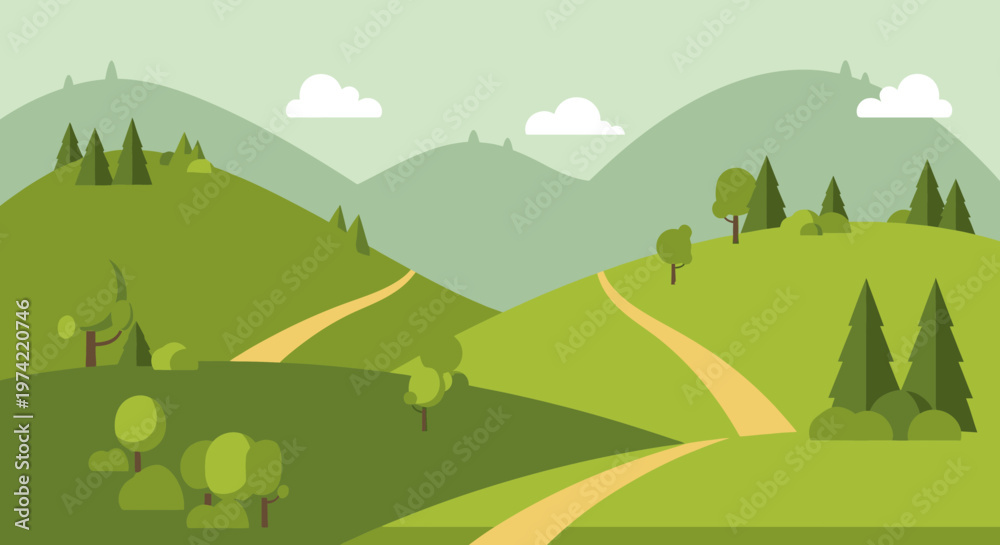 Fototapeta premium Scenic rolling green hills with winding paths and scattered trees under a cloudy sky