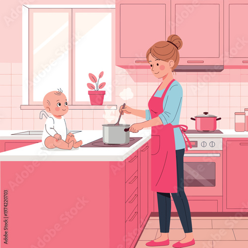 Young mother preparing food in kitchen with baby on countertop