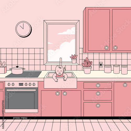 Infant baby sitting in kitchen sink during bath time illustration