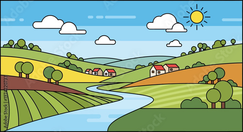 Peaceful countryside landscape with rolling hills, a winding river, and quaint village under a sunny sky.