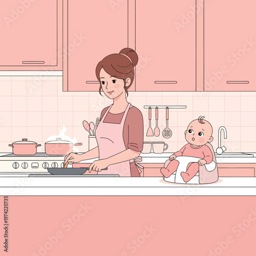 Mother in apron cooking at stove with baby in seat
