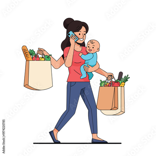 Busy mother holding baby and grocery bags while talking on phone
