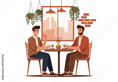 Two men enjoying coffee together in a cozy cafe environment, illustration