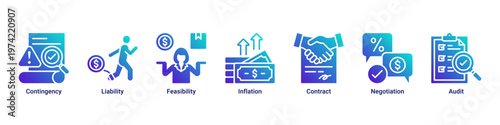 Risk Planning web banner icon vector illustration with icons of Contingency,Liability,Feasibility,Inflation,Contract,Negotiation and Audit