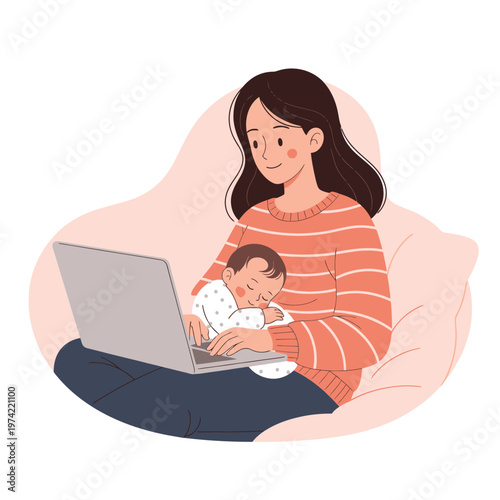 Young woman in striped sweater holding sleeping infant using laptop