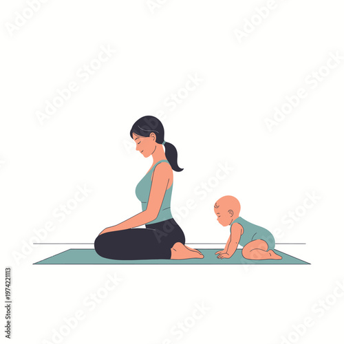 Calm mother sitting in yoga pose with baby crawling