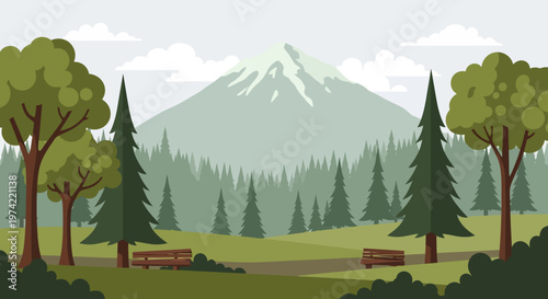 Scenic mountain landscape with pine forest, park benches, and green trees
