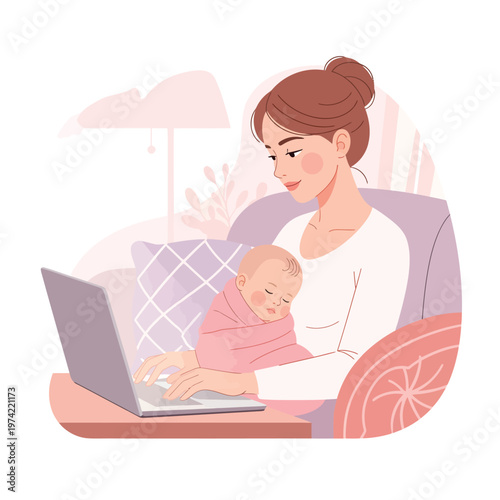 Working mother sitting on sofa with swaddled baby and laptop computer