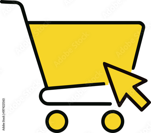 Digital shopping cart and cursor icon representing online purchasing, e-commerce, and the convenience of modern retail transactions