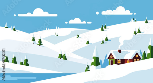 Cozy winter cabin nestled in snowy hills with pine trees and a frozen lake