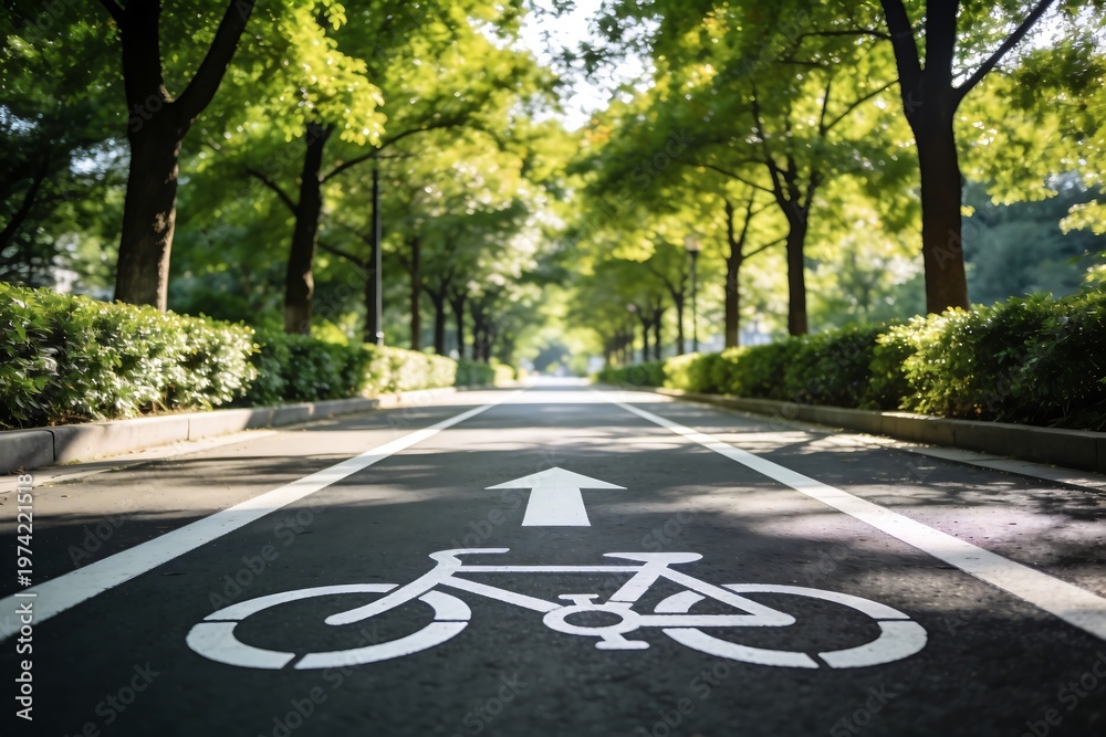 Obraz premium Peaceful tree lined park pathway with bicycle lane under sunlight, lush greenery and road, promoting eco friendly travel, wellness, cycling, and serene outdoor lifestyle concept.