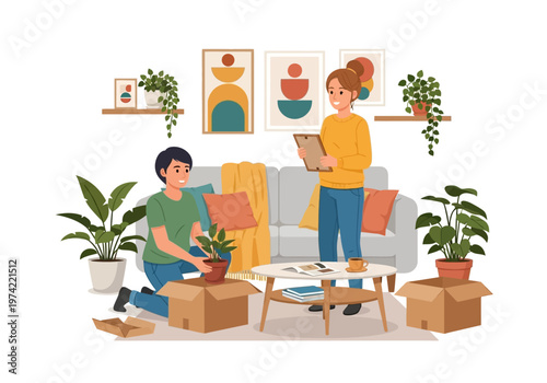 Moving house with plants and boxes, couple unpacking in a new home