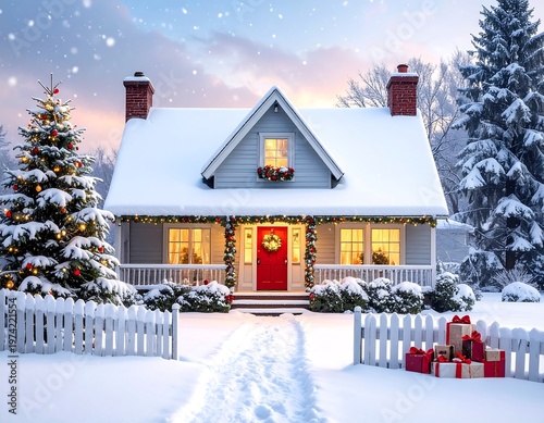 A cozy, snow-covered cottage scene, illuminated with Christmas lights and decorations, presents stacked near a white picket fence, snowy pathway