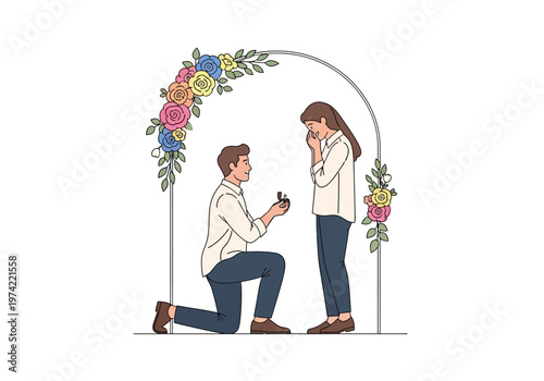 Romantic marriage proposal under a floral archway with a man kneeling to offer an engagement ring to his beloved