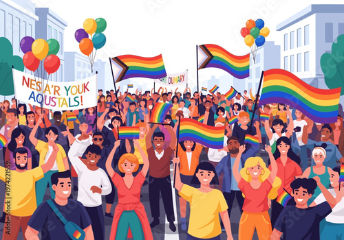 Colorful Pride Parade Celebrating LGBT Community with Flags and Balloons